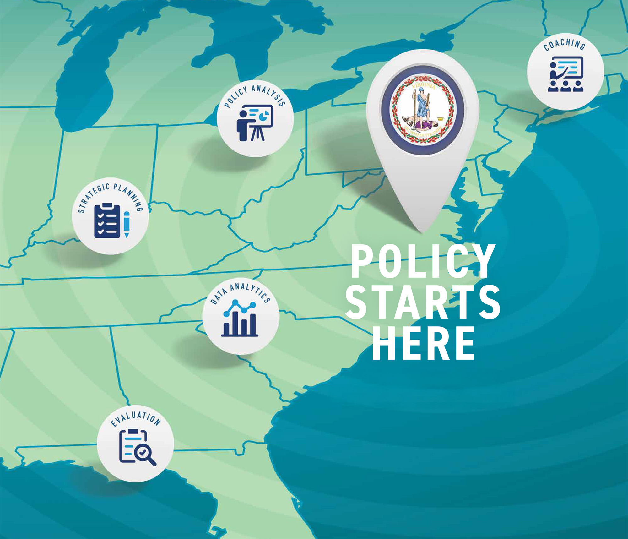 Map highlighting expertise areas of the Center for Public Policy